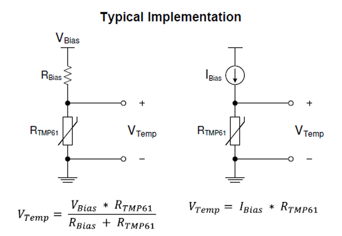 2.作為電阻組件，可以使用電壓源（左）或電流源（右）來驅動熱敏電阻。實際上，大多數電壓驅動電路使用比例布置來消除源漂移的影響